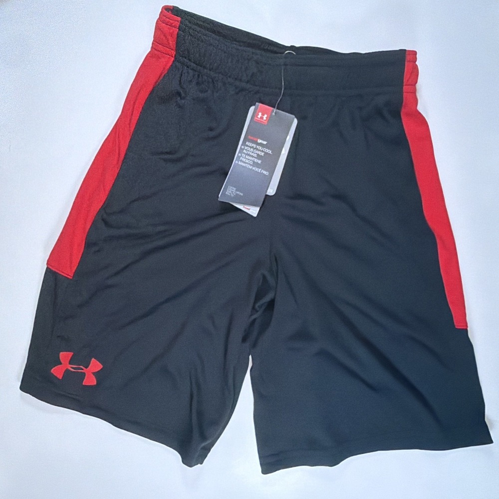 Under Armour Shorts Boy Small YSM Heatgear Loose Stunt Logo Red Black 10" NWT